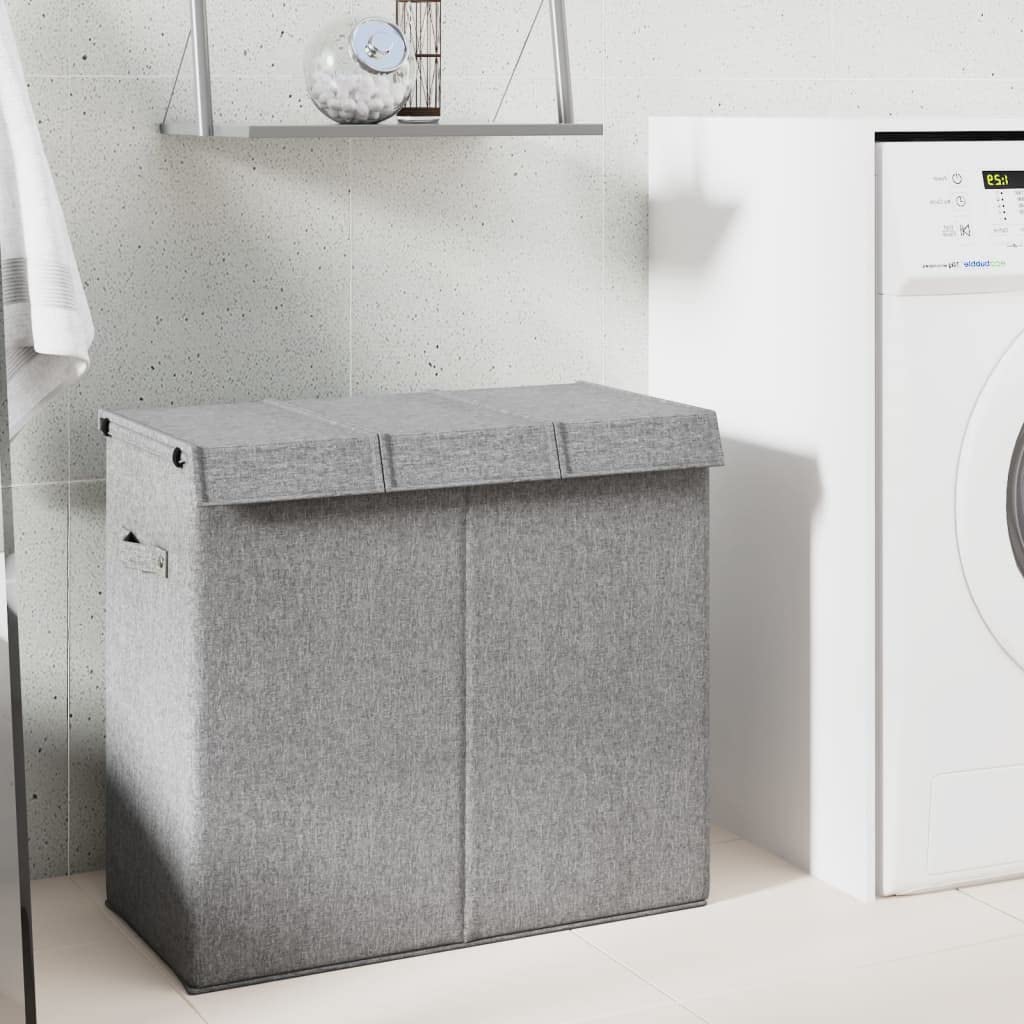 Cesto plegable para la colada de tela de lino con 3 compartimentos, 64,5 x 34,5 x 59 cm, color gris, con tapa y asas, ahorra espacio, portátil, ideal para dormitorio, baño, lavandería