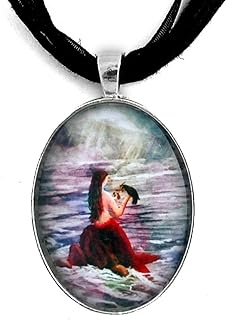 Mermaid Raven Red Rose Fantasy Handmade Jewelry Art Pendant