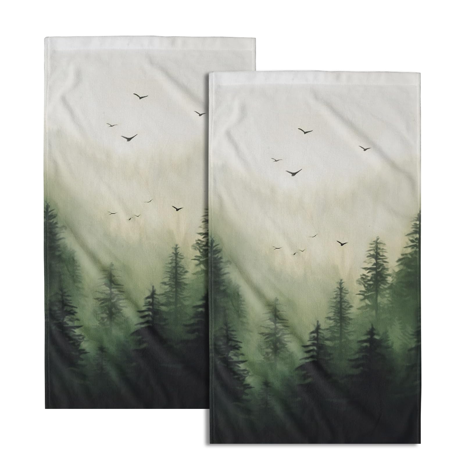 Giwawa Green Misty Forest Hand Towels Set of 2 Mountain Woodland Soft Guest Face Bath Towel Bathroom Decorations Thin Kitchen Tea Dish Towels
