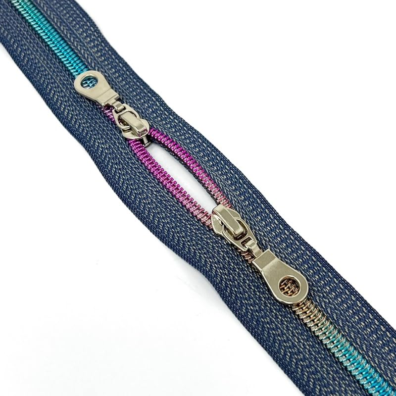 2 Way Zip Closed End Metal Twin Sliders 4 Sizes 12” 16” 22” & 24” for Hand Bags (Denim/Rainbow, 16" (40cm))