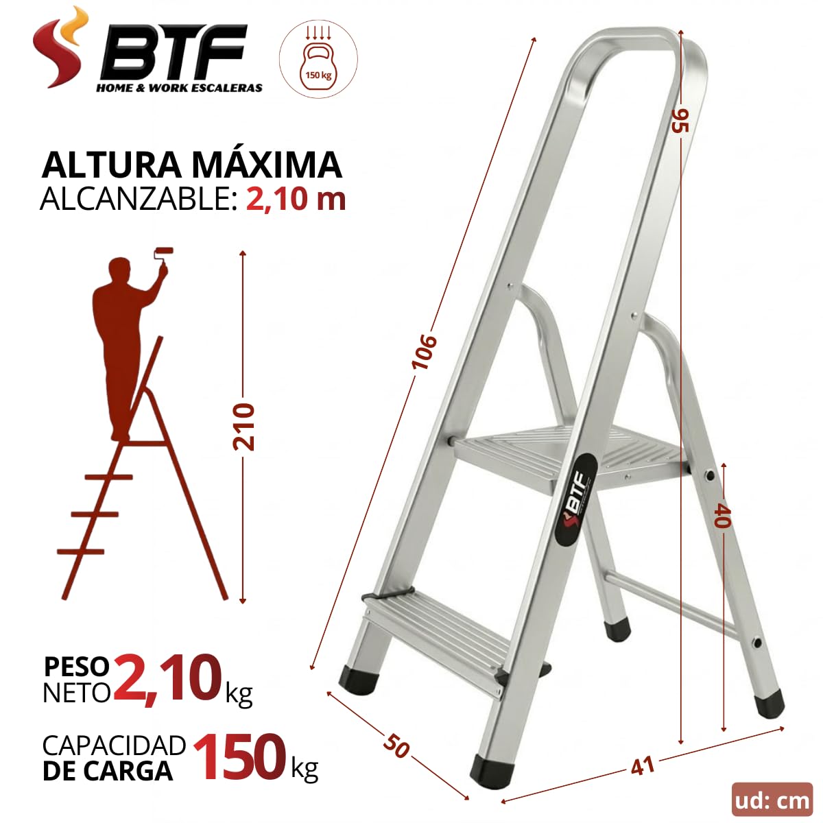BTF - Escalera Tijera Plegable - 2 Peldaños en Aluminio - Escaleras Plegables Aluminio - Hecho en Europa - Portátil y Plegable. BTF.TJL102