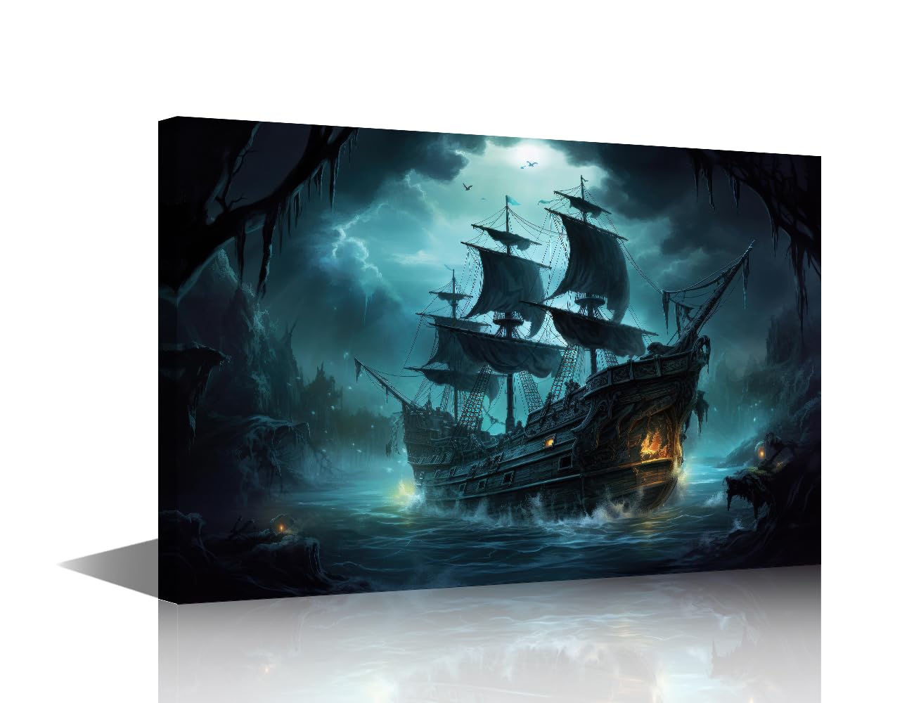 TISHIRON Canvas Wall Art for Living Room Pirate Sailing Canvas Painting Wall Art Ghost Ship Art Prints Artwork for Home Walls Framed Art Wave Dark Family Wall Decor Canvas Art Hanging Decor 18x12 in