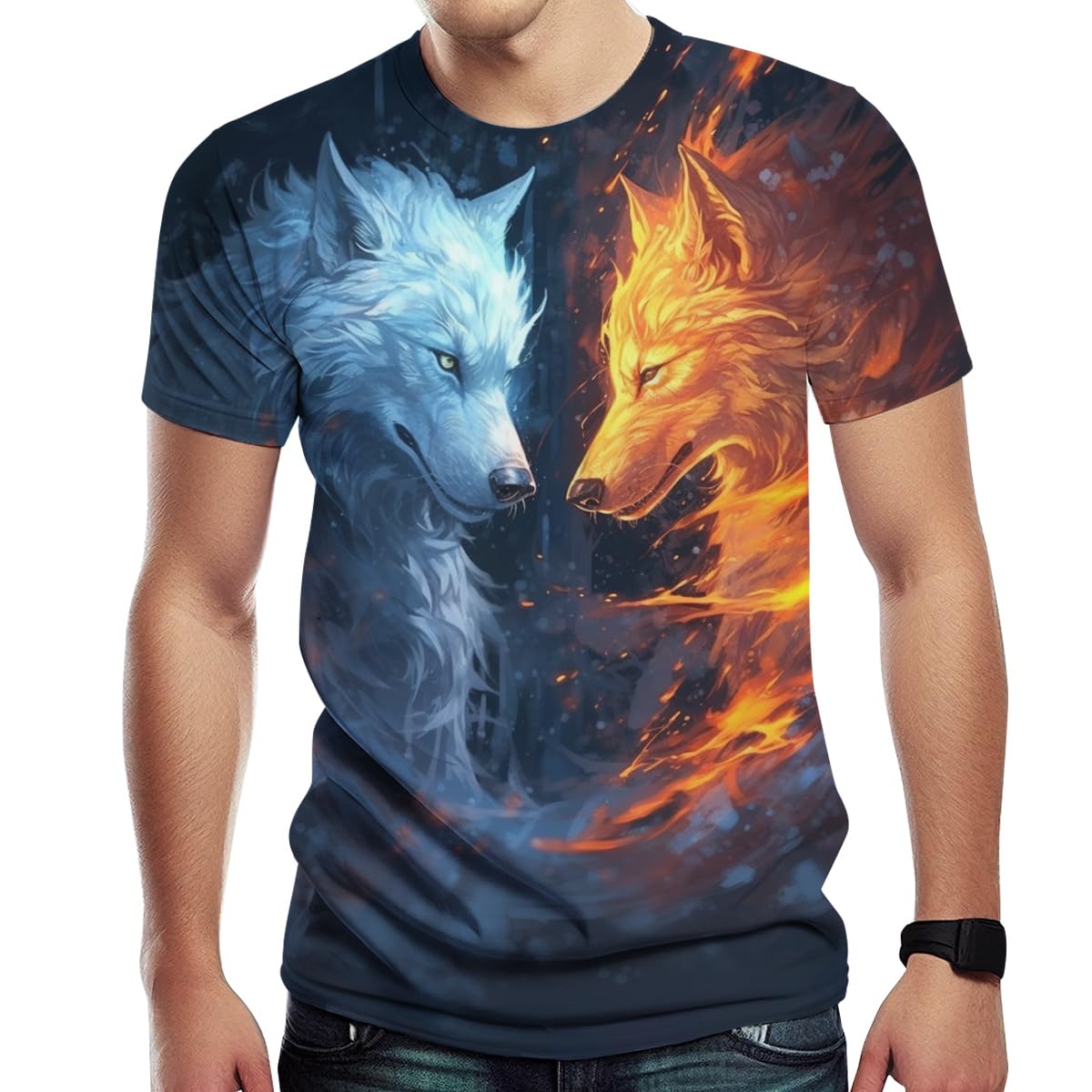 Girren Men's Fire Wolf Pack Pattern T-Shirt 3D Printed T-Shirt Novelty Pattern T-Shirt Fashion Top, Black3, S