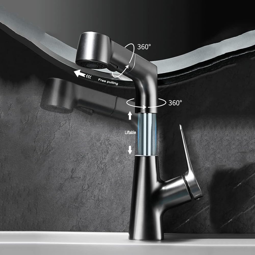 Rubinetto Miscelatore monocomando per lavabo da Bagno con Sistema di Sollevamento e trazione a 360° in Ottone - Bianco (Grigio Canna di Fucile)
