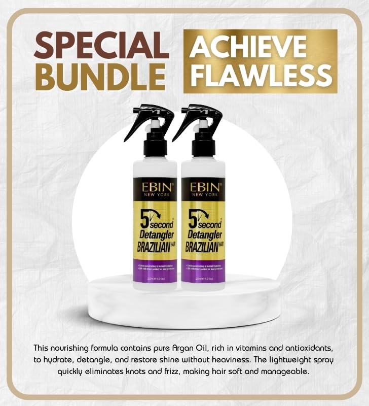 EBIN NEW YORK Argon Oil - 2x 5 Second Argan Oil Brazilian Detangler 8.5oz/250ml bundle Smooths Hair, Removes Knots, Adds Moisture, Protects from Heat Styling – Gift Set (2 Items)
