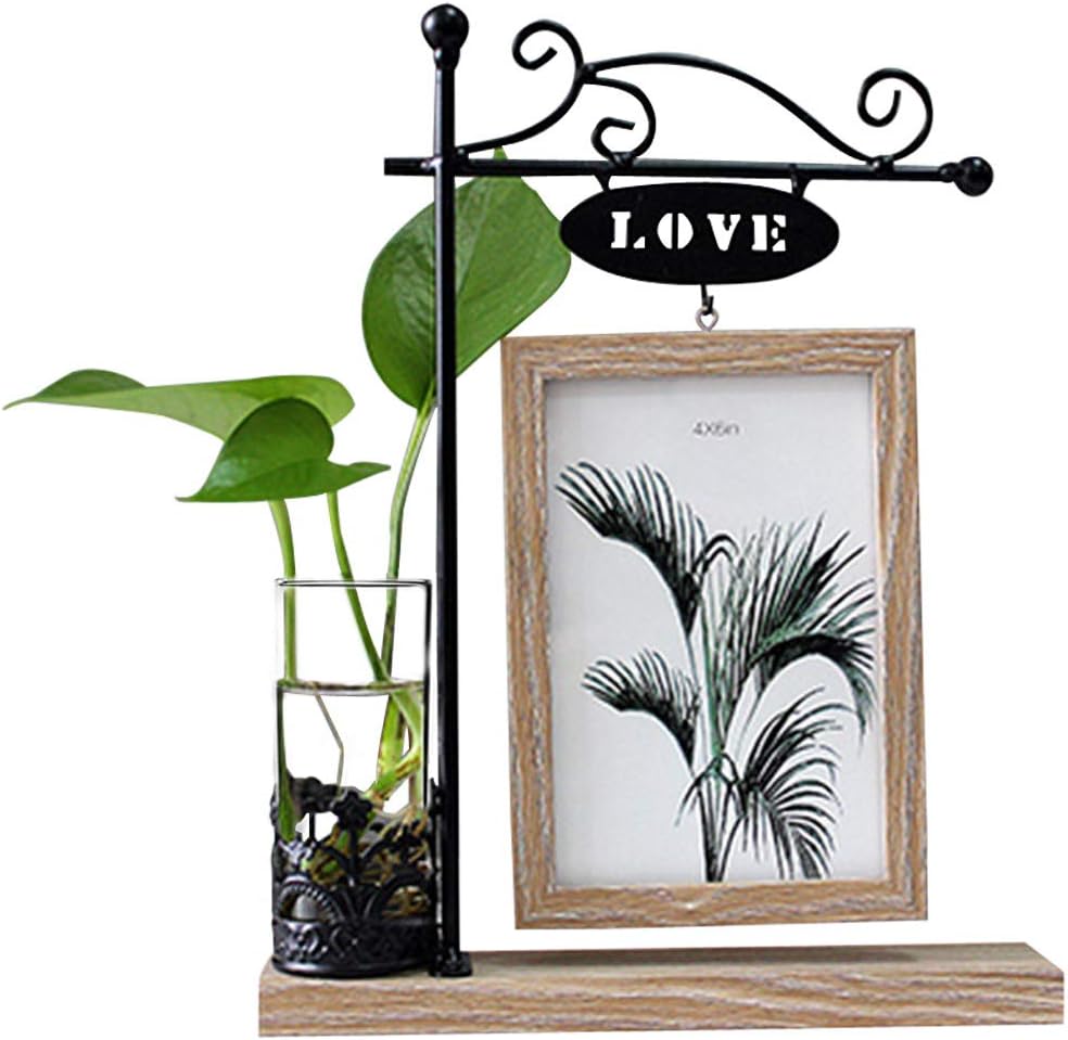 Black Metal Love Rectangular Double-Sided Picture Frame Holds 2 pcs 4x6 inch Vertical Pictures with Glass Front for Desk,with Hydroponics or Artificial Plants Glass Vase-Wedding (Brown-4x6)