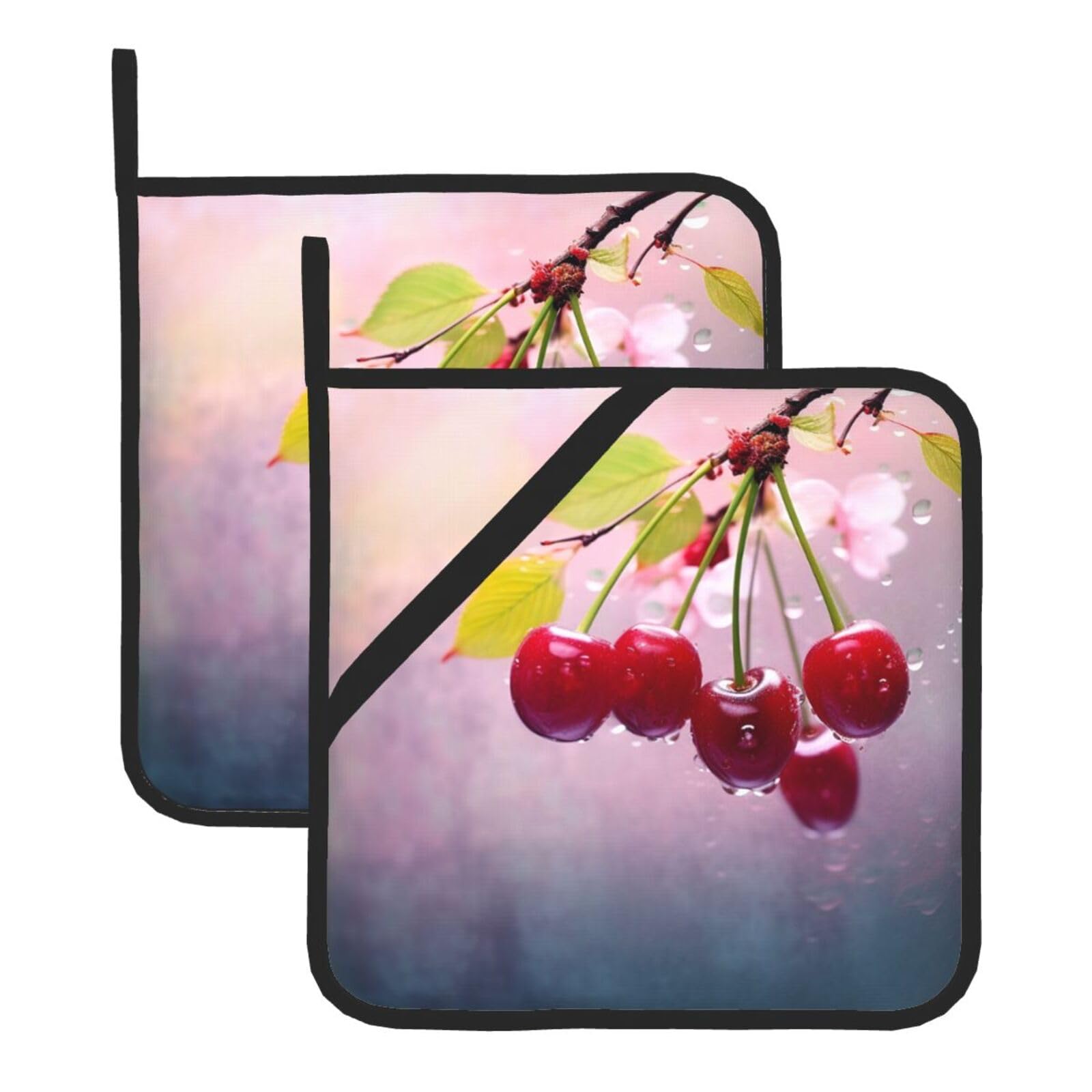 2 Pack Cherry Pot Holders for Kitchen Heat Resistant Pot Holders with Pocket Oven Potholders Washable Hot Pads for Cooking Baking Oven Pans Trivet 8x8 Inches