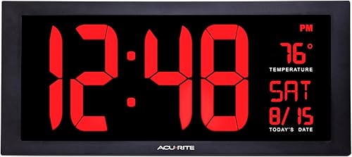 AcuRite Reloj de pared grande con LED digital de 18 pulgadas con fecha temperatura y soporte plegable pulgadas rojo
