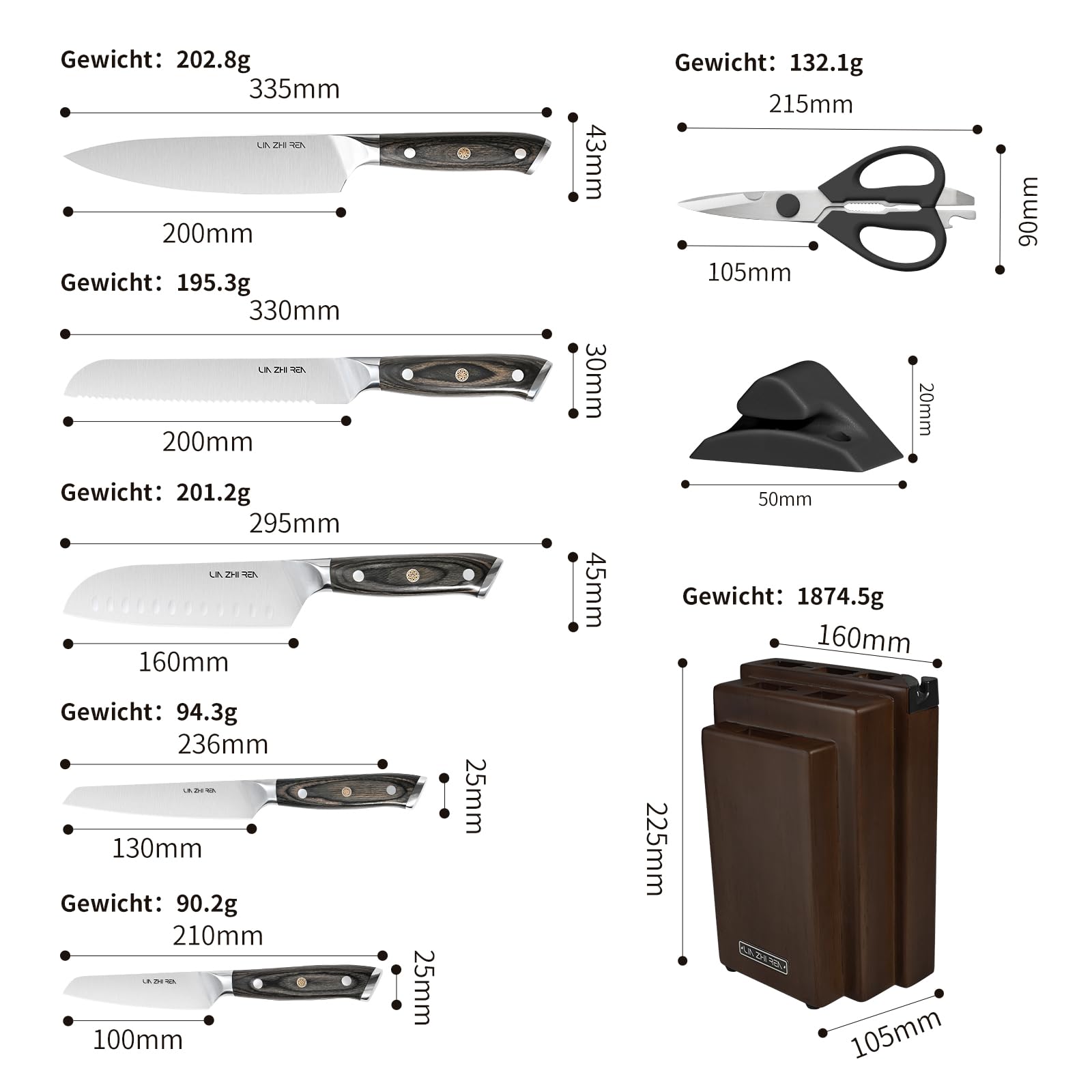 Messerblock Set 8 Teilig mit Messerschärfer, Edelstahl Küchenmesser Set mit Holz Messerblock, Kochmesser 20 cm, Brotmesser, Santokumesser, Universalmesser, Schälmesser, Küchenschere
