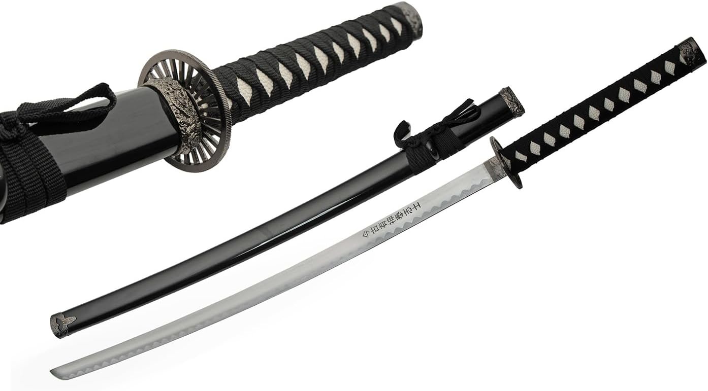 SZCO 37" Oath Ring Samurai Katana Sword – Full Tang Japanese Sword with Black Scabbard & Wrapped Handle for Display, Cosplay, Martial Arts