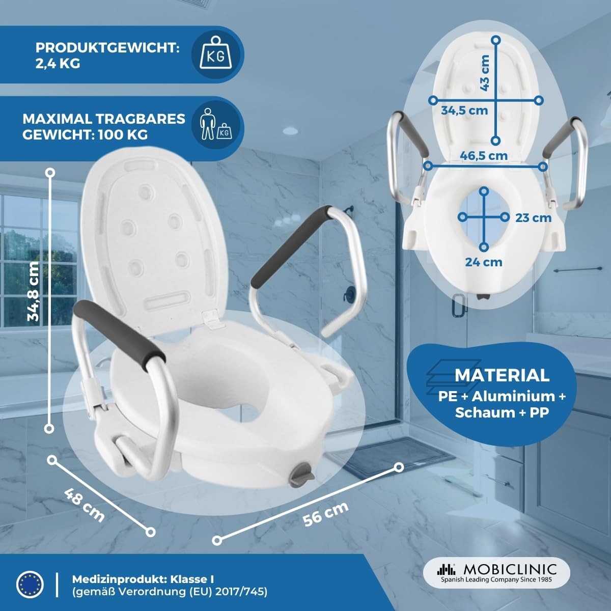 Mobiclinic®, Toilettensitzerhöhung, 17cm, Mit klappbaren, Gepolsterten armlehnen und Deckel, Passend für ovale toiletten, Ergonomisch, Leicht, Sicher, Europäische Marke, Modell guadiana