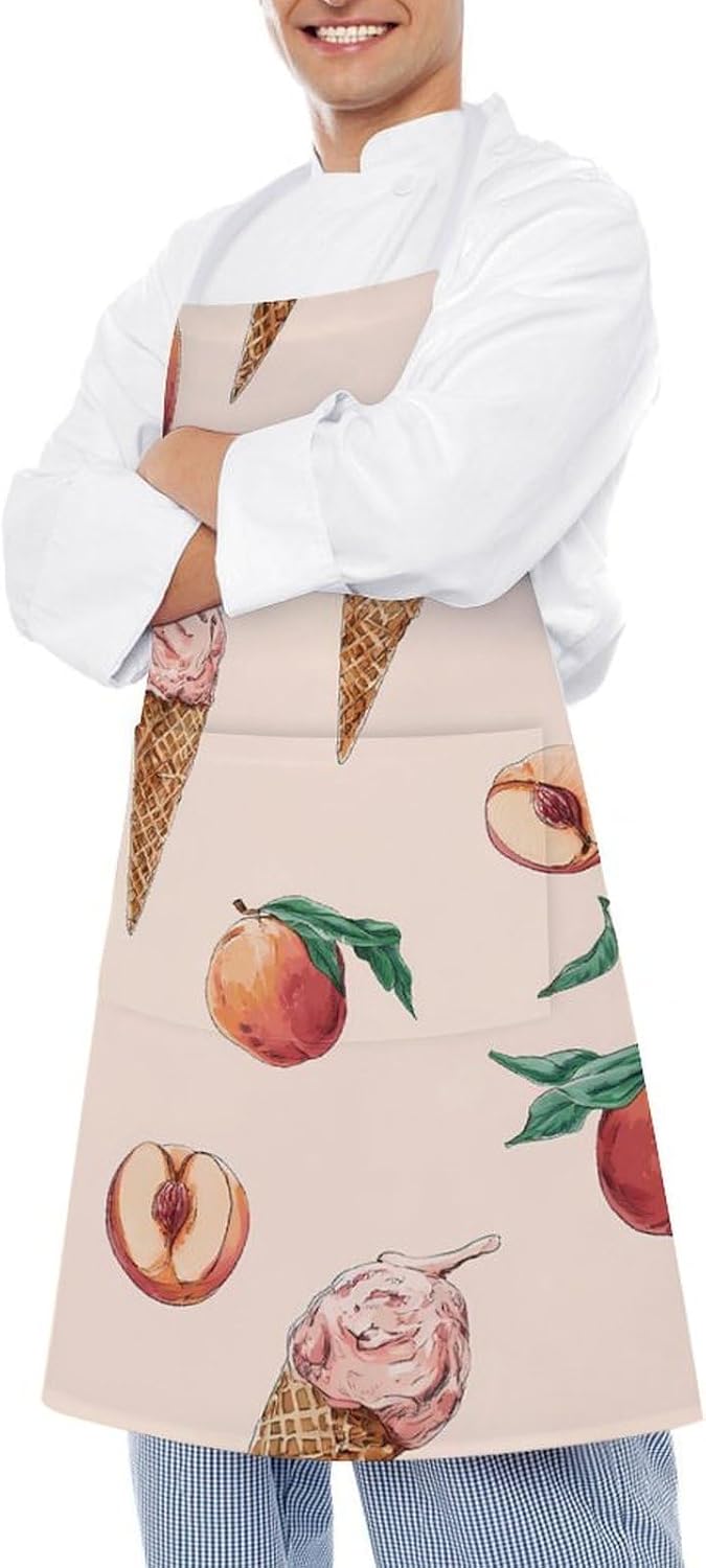 Peach Ice Cream Cones Classic Chef Aprons for Cooking Waterproof Kitchen Apron with Pockets