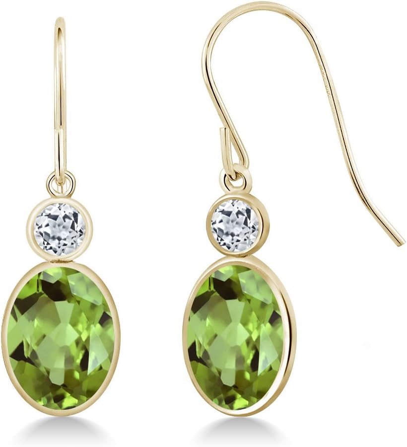 Gem Stone King 14K Yellow Gold Green Peridot and White Topaz Hook French Fish Ear Wire Dangle Earrings For Women (2.94 Cttw, Gemstone August Birthstone, Oval 8X6MM, Round 3MM)