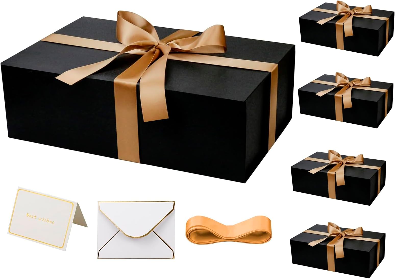 YINUOYOUJIA 5 Pack Large Black Gift Box with Lid,14"x9"x4.5" Magnetic Gift Boxes with Ribbon,Cards and Envelopes for Presents,Great for Wedding,Birthdays,Crafting,Gift Packaging.