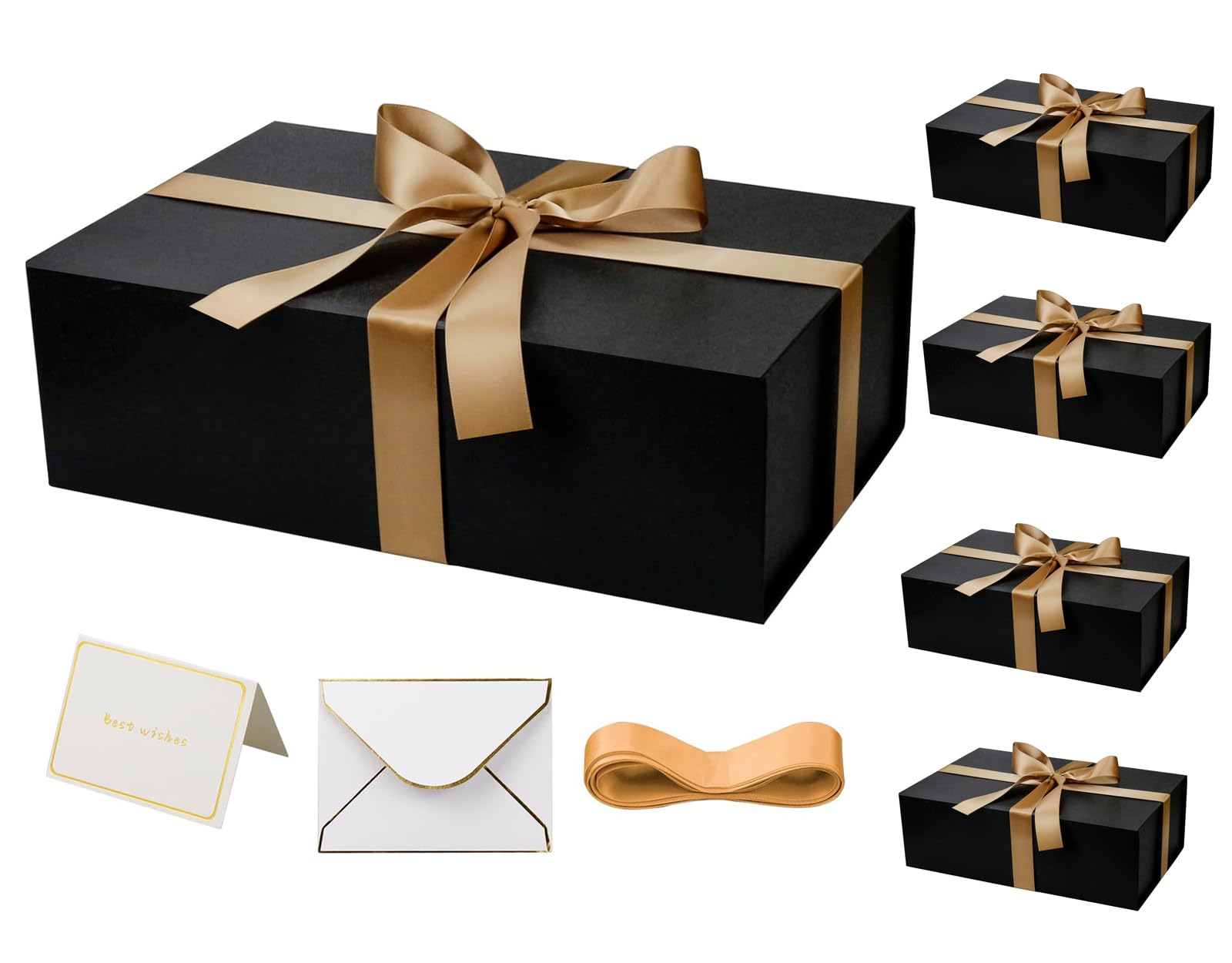 YINUOYOUJIA 5 Pack Large Black Gift Box with Lid,14"x9"x4.5" Magnetic Gift Boxes with Ribbon,Cards and Envelopes for Presents,Great for Wedding,Birthdays,Crafting,Gift Packaging.