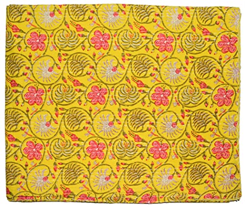 Handicrafts Plus New Indian Cotton Gudari King Size Bedcover Yellow Color Bedding Bedspread Handmade Bedsheet 90x108''