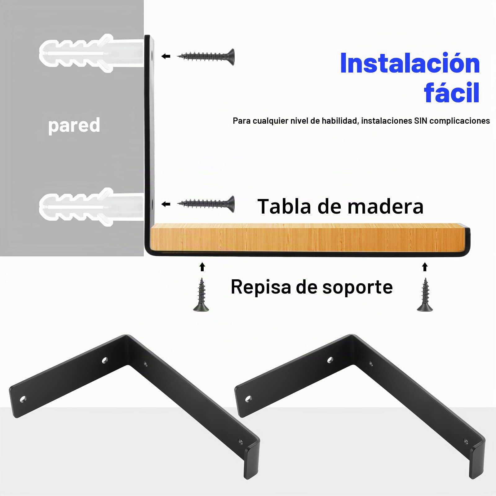 4 Soportes de Estante para Tablero de Andamio de 200 mm - Flotantes Resistentes para Montaje en Pared - Industriales Negros Con Tornillos a Juego