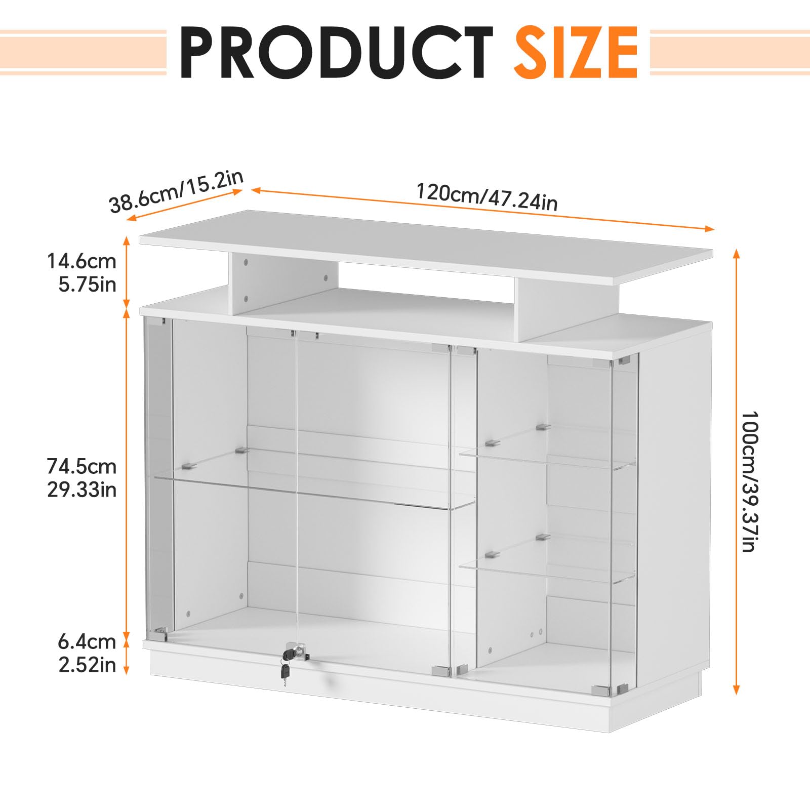 MSFE Vitrina de Cristal con LED, Vitrinas para Salon con Puerta de Cristal con Cerradura 3 Capas de Vitrina Expositora para Colecciones, Curio Vitrina para Sala de Estar, Blanco 120x38.6x100CM
