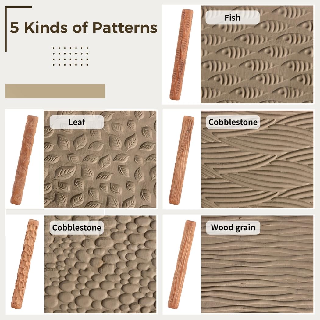 5 rodillos de patrón de modelado de arcilla, hojas de pescado de grano de madera, adoquines y texturas onduladas, rodillos de mano de madera para manualidades de cerámica, herramientas de escultura