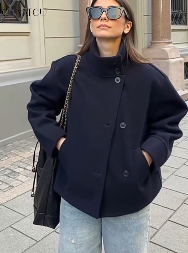 Amazon.com: CHARTOU Women Crop Pea Coat Wool Blend Winter Loose