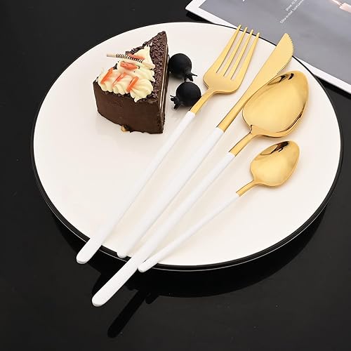 Miniatura 3 de JASHII Juego de cubiertos de acero inoxidable 1810, para 6 personas, color blanco y dorado, pulido con espejo, mango delgado, apto para lavavajillas