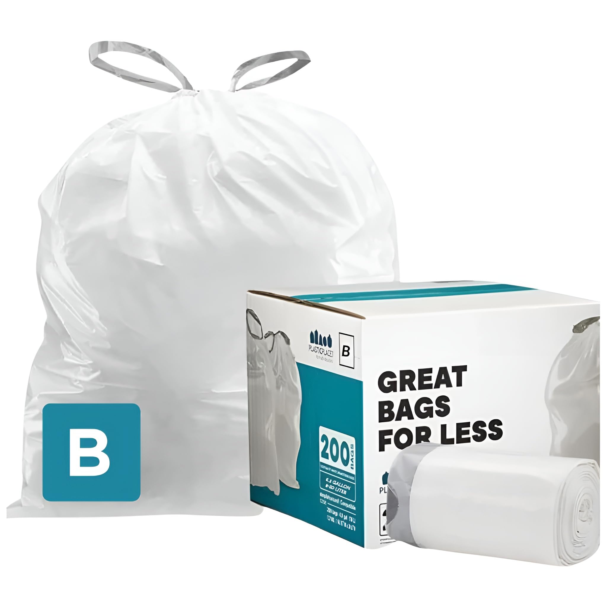 Plasticplace Trash Bags, Compatible with simplehuman Code B (200 Count) White Drawstring Garbage Liners 1.6 Gallon / 6 Liter, 12.25" x 17.75"