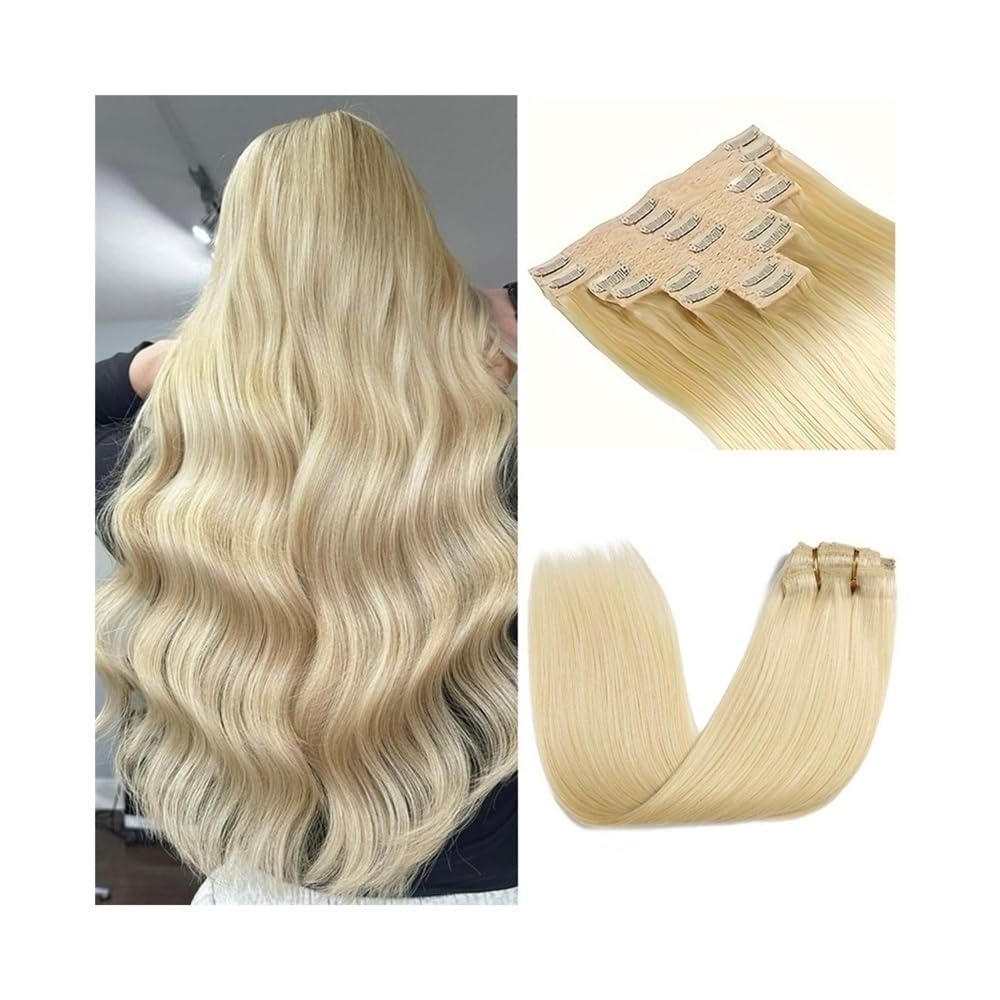 Miękkie dopinki do przedłużania włosów z klipsem, prawdziwe ludzkie włosy, #613 Blond, proste, 10–26 cali, brazylijskie dopinki do włosów Remy, 8 sztuk, 120 g długości (14 cali 120 g)