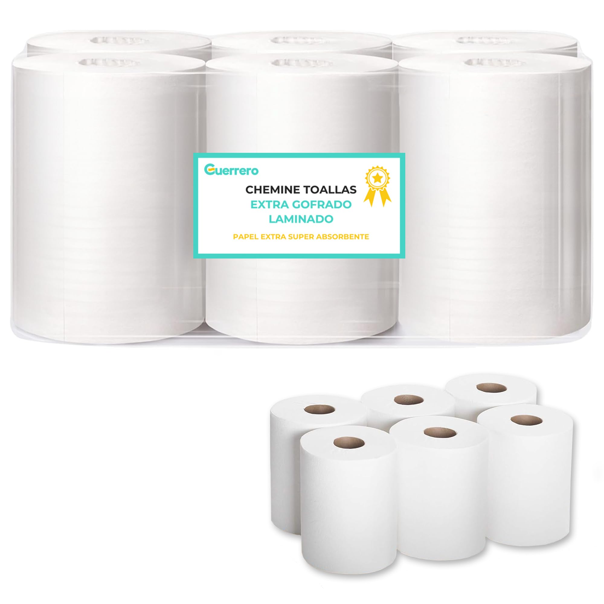 Rollo Mecha Laminado - 6 Unidades de Papel Secamanos Industrial de Celulosa Grande - Chemine Blanco Zig Zag - Bobina para Limpieza Doméstica o Industrial (110)