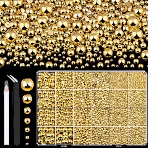 Image of 13000Pcs Flatback Pearls for Crafting (Gold), Assorted Size 2 /3 /4 /5 /6 /8 /10mm Non Hotfix Half Pearl, Bedazzling Bead for DIY Crafts Clothing Tumblers Mugs Shoes Fabric Embellishment Nail Art Makeup
