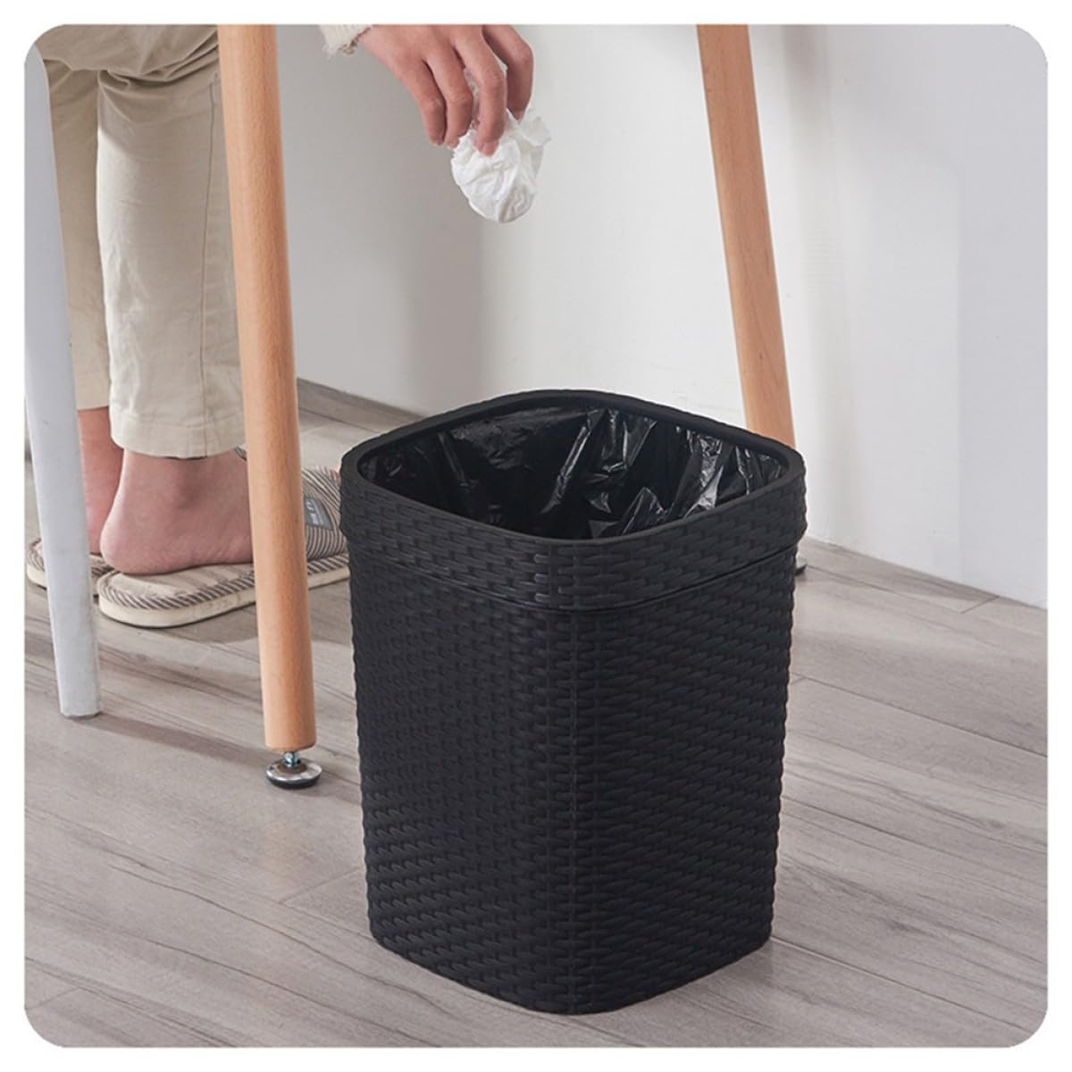 Tofficu Contenitore la Spazzatura Domestico 14l in Plastica Nero, Cestino per Carta Straccia senza Coperchio, Bidone Robusto per Camera da Letto e Ufficio