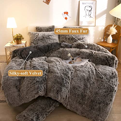 Image of XeGe Plush Shaggy Duvet Cover Luxury Ultra Soft Crystal Velvet Bedding Set 1PC(1 Faux Fur Duvet Cover),Zipper Closure (Queen, Dark Gray Ombre)