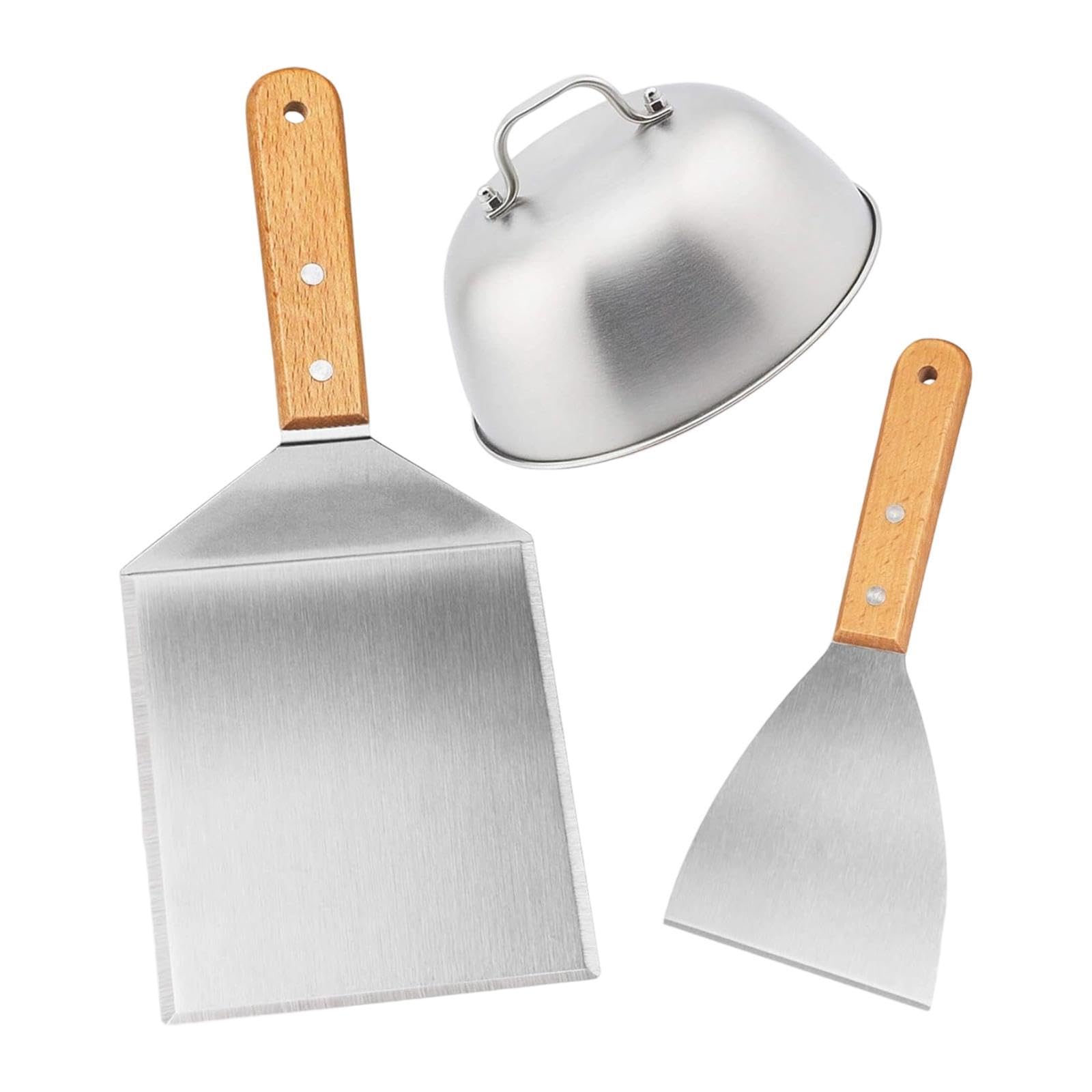 2 Stück BBQ Spatulas Turner Grillzubehör Set Edelstahl Grillwender Küchenwender mit Ergonomischem Holzgriff für Grillen Kochen Gartenparty Geschenk, 3 Stück