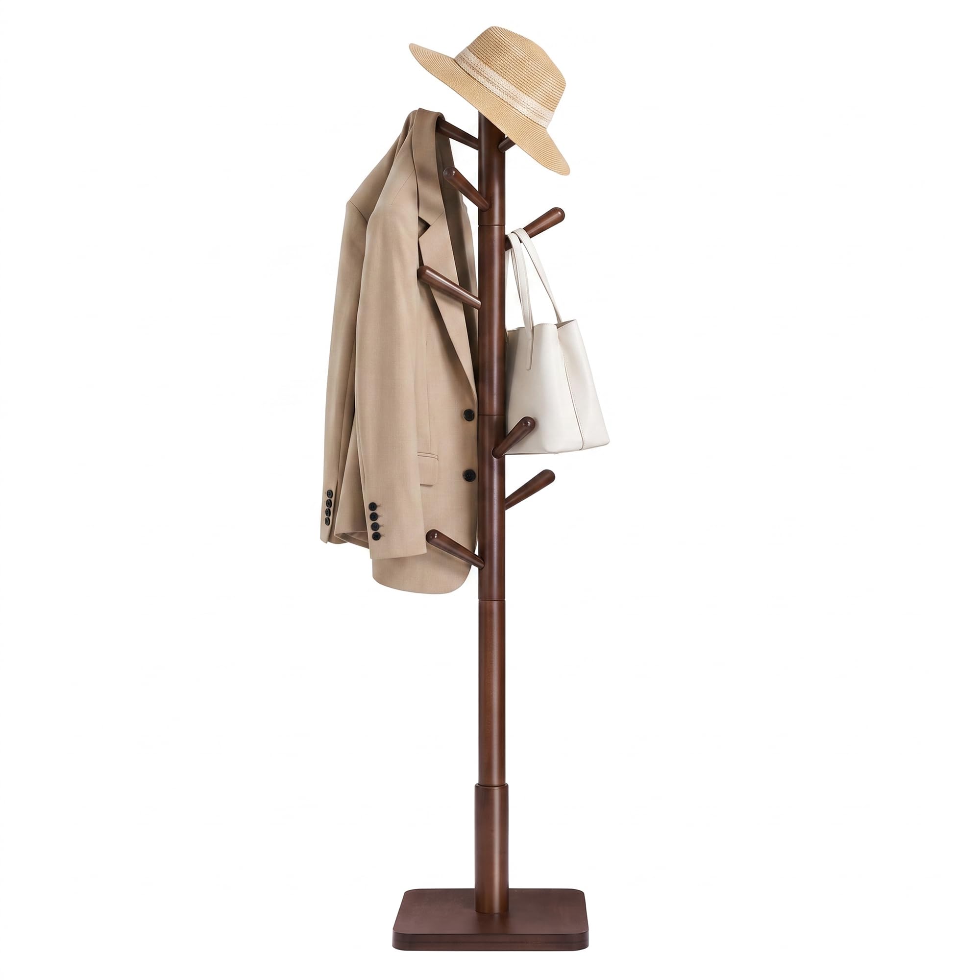VASAGLE Coat Rack, Solid Wood Coat Stand, Free Standing Hall Coat Tree with 8 Hooks for Coats, Hats, Bags, Purses, for Entryway, Hallway, Rubberwood Hooks and Pole, Dark Walnut RCR010W01