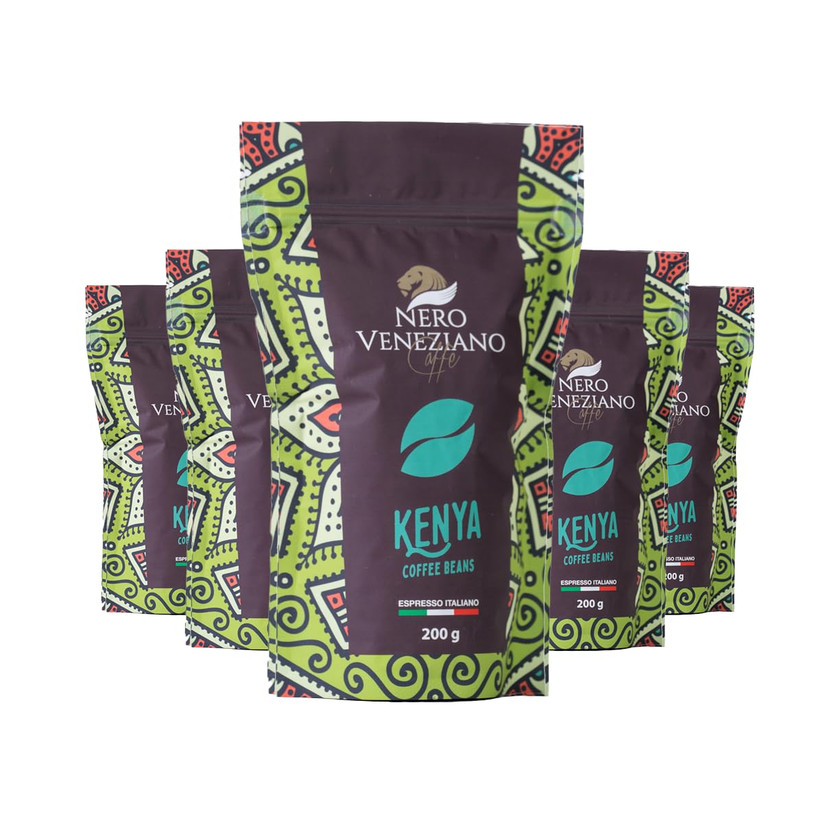 Nero Veneziano Kenya Caffè in Grani 5x200 g, 30% Arabica 70% Canephora, Tostatura Media, Note di Ribes Nero e Spezie, Corpo Robusto, per Espresso e Automatiche