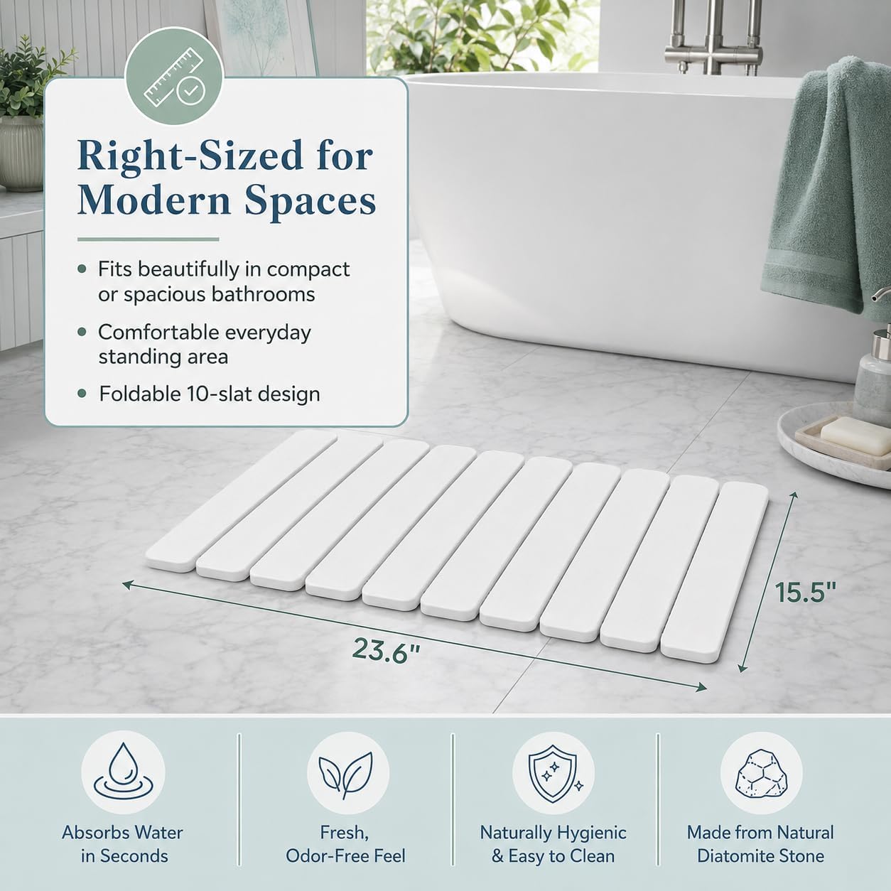 Foldable Stone Bath Mat, Diatomaceous Earth, 23.6 x 15.5 Inch Quick-Dry Stone Shower Mat, Anti-Slip Support and Compact Storage for bathrooms (White) image 3