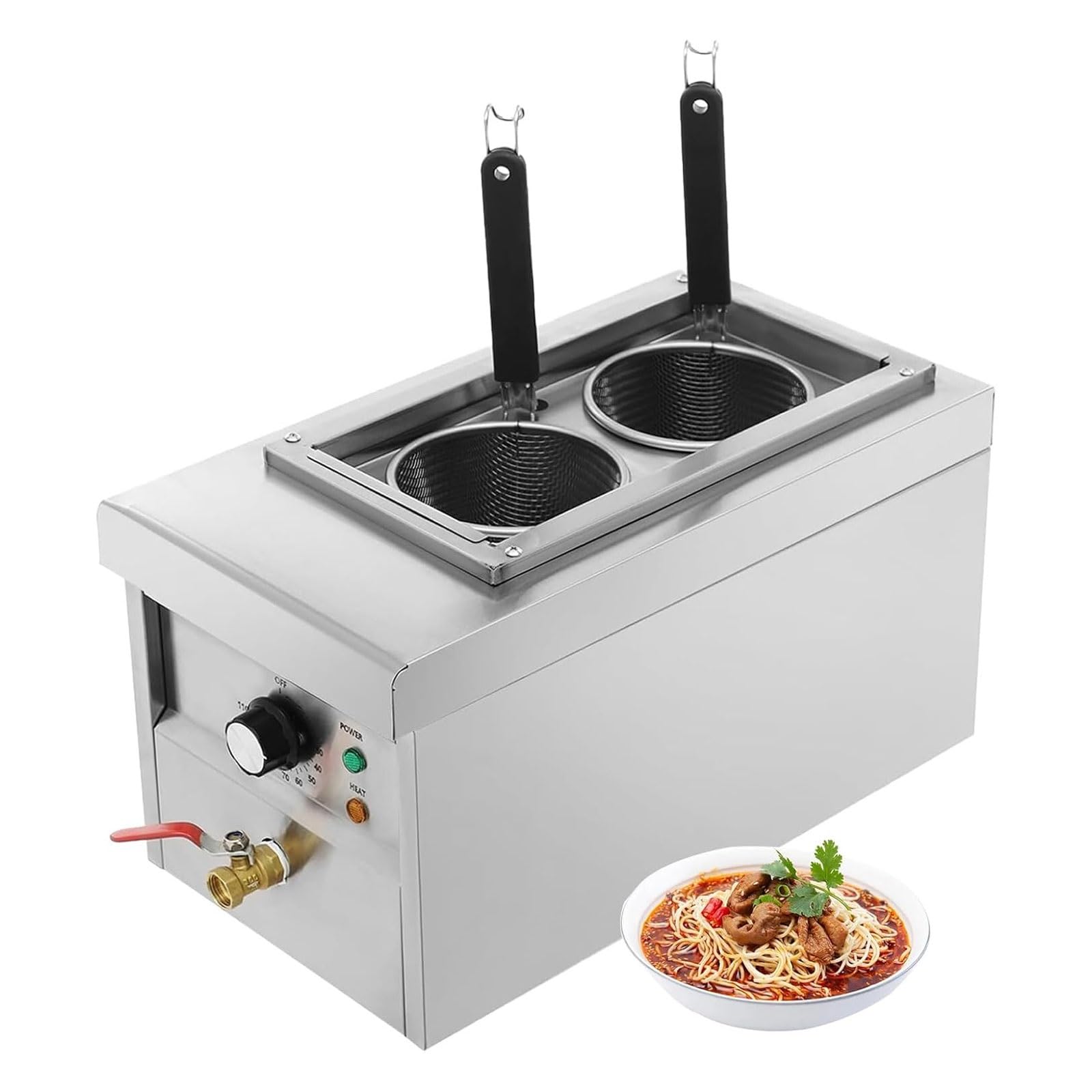 Eiwitany Electric Stainless Steel Commercial Noodle Cooker with Drain Faucet & Filter Baskets, Adjustable Temp Pasta Boiler for Restaurant & Canteen