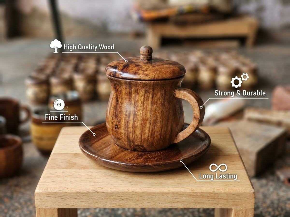 Axora Wooden Cup and Plate Set | Handmade Wooden Tea & Coffee Cup