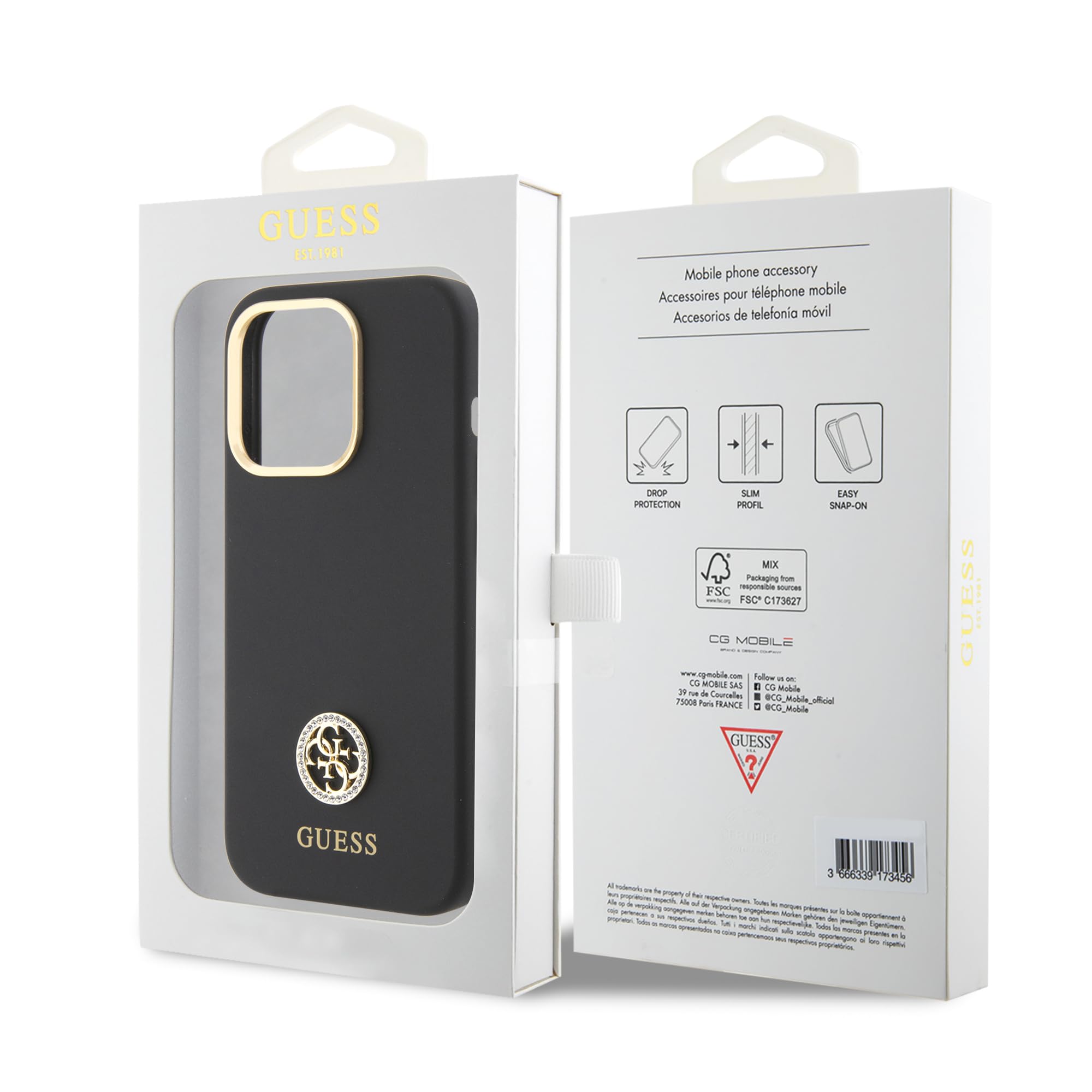 CG MOBILE Guess - Custodia per iPhone 15 Pro Max, in silicone, con logo 4G, antigraffio, resistente alle cadute, antiurto, protezione completa e sottile, colore nero