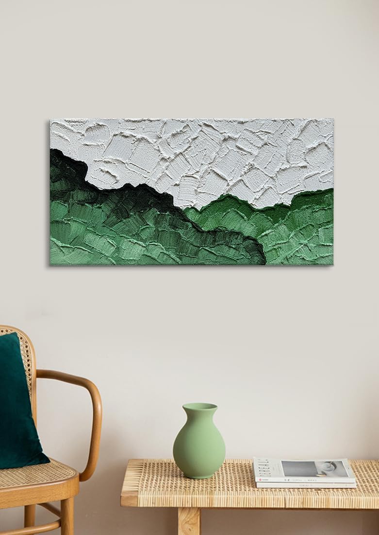 Hand-Painted Green White Texture Oil Painting Modern Abstract Canvas Wall Art Minimalist Color Block Artwork Home Decoration 24x48 Inches