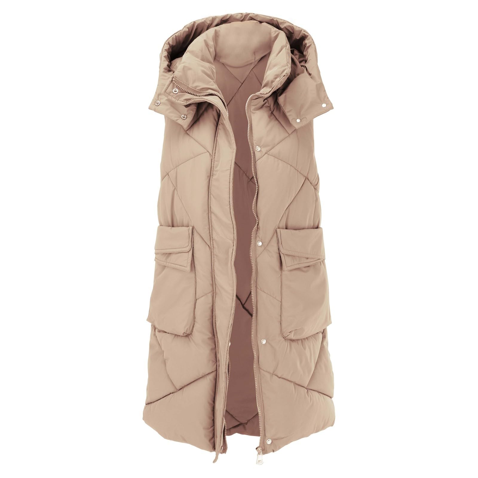 Generisch Chaleco acolchado para mujer, largo y tallas grandes, chaleco de plumón para mujer, ligero, sin mangas, chaleco de invierno, chaleco con capucha extraíble, con bolsillos, chaqueta de algodón