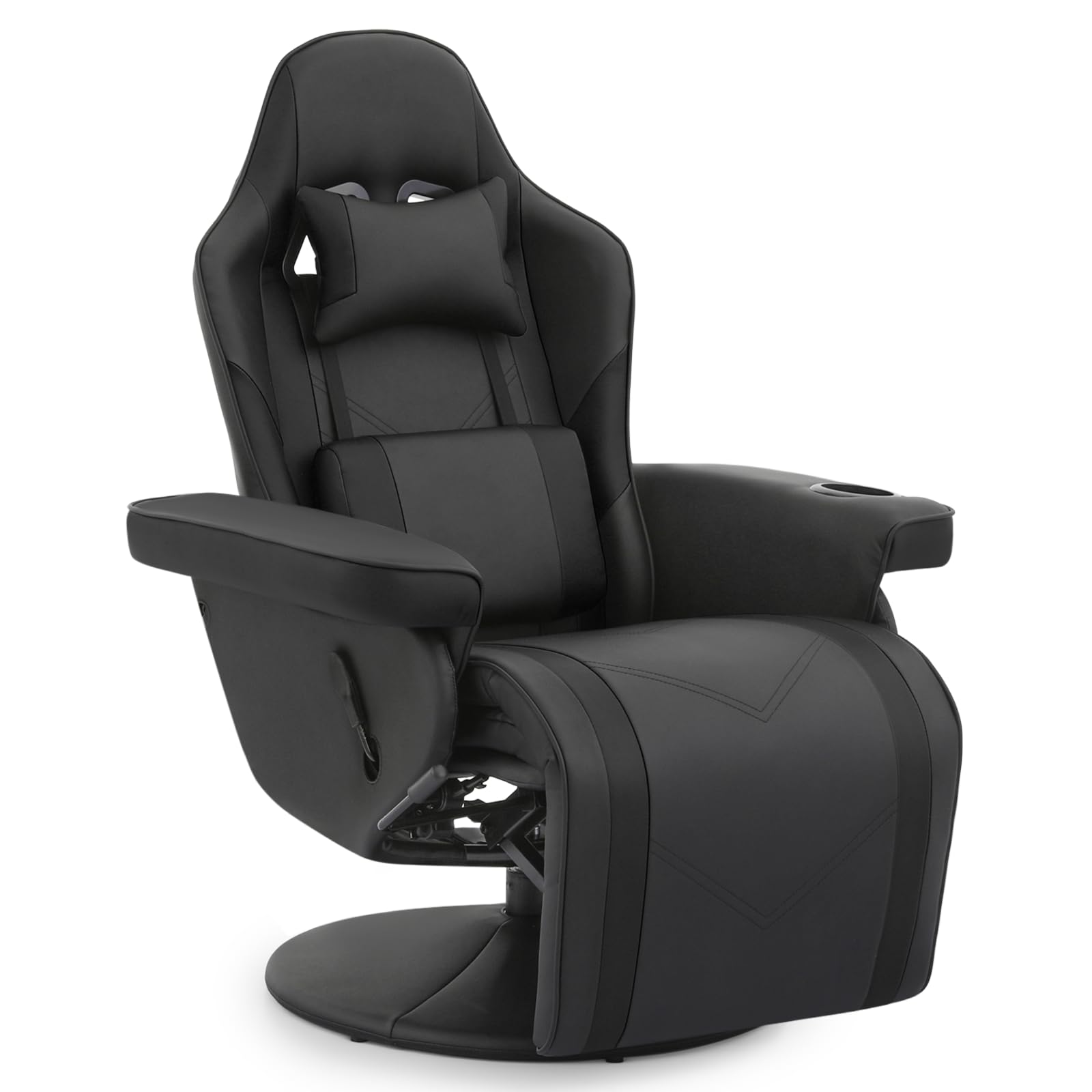 Athena Collection Ergonomic Gaming Chair Adjustable Recliner w/Footrest Cup Holder Lumbar Pillow Headrest, Swivel Office Chair PU Leather Computer Desk Chair Home Theater Seating Single Sofa, Black