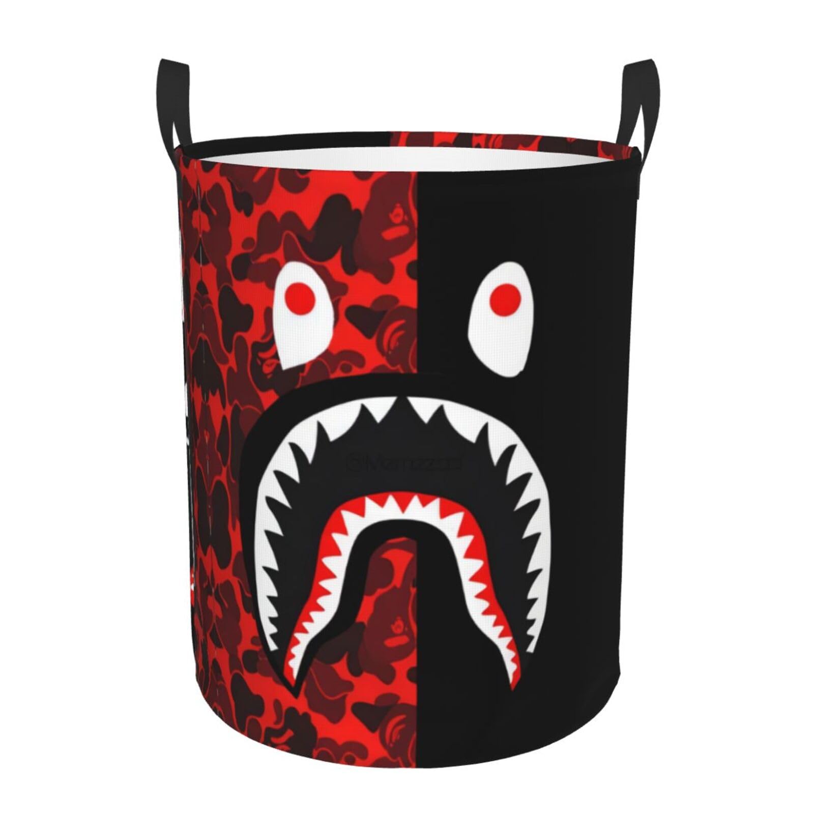 M Circular Hamper – Collapsible red-black shark Print Laundry Basket