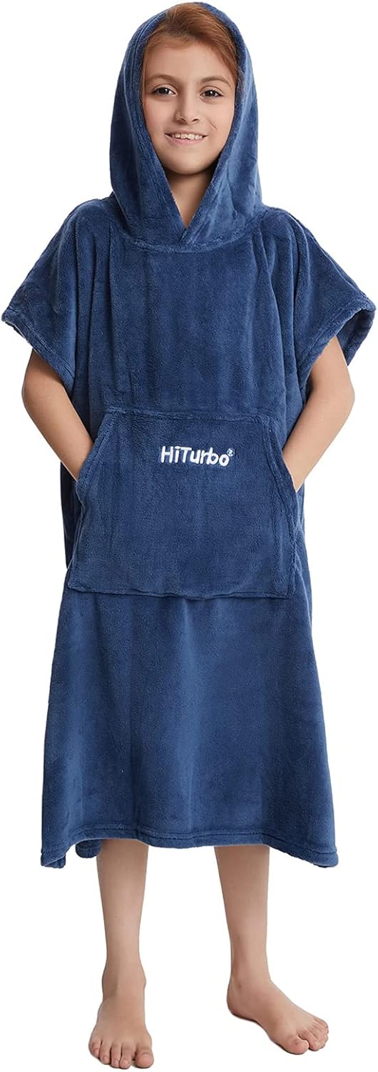 Hiturbo Kids Towel Changing Robe: Soft Plush Bath Towels - Warm Coral Fleece Hoodie - Swim Surf Poncho for 5-12 Years (Navy) - Image 4