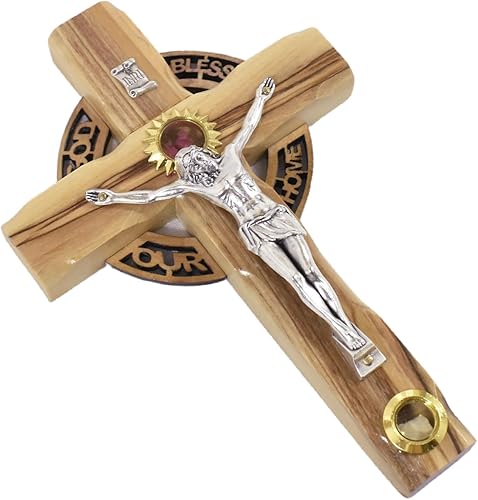 Miniatura 7 de Crucifijo de madera de olivo, cruz de madera para decoración de pared tallada a mano en Tierra Santa, rodeada de Dios bendiga nuestro hogar, regalo