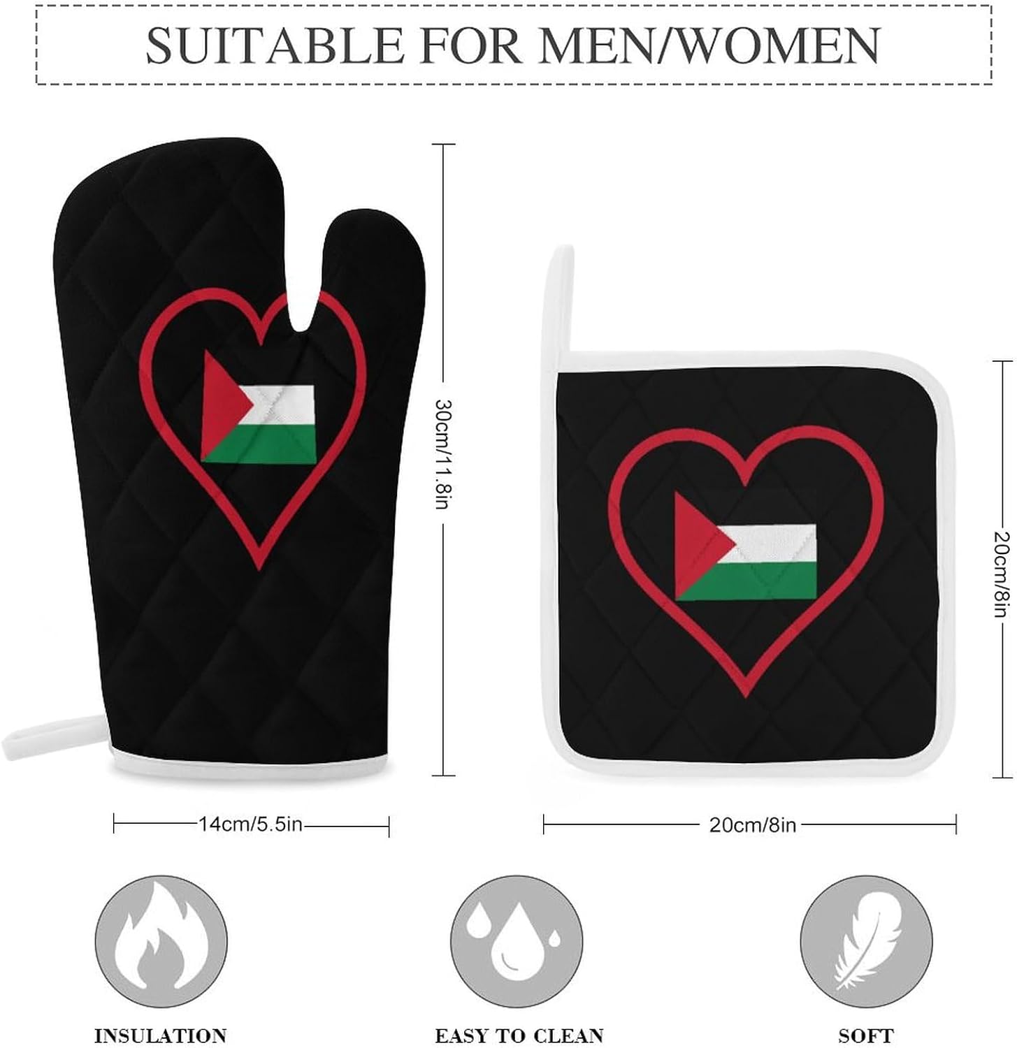 I Love Palestine Red Heart Print Oven Mitts and Pot Holders 3 Piece Sets Heat Resistant Gloves Hot Pads Potholders for Kitchen Baking Cooking
