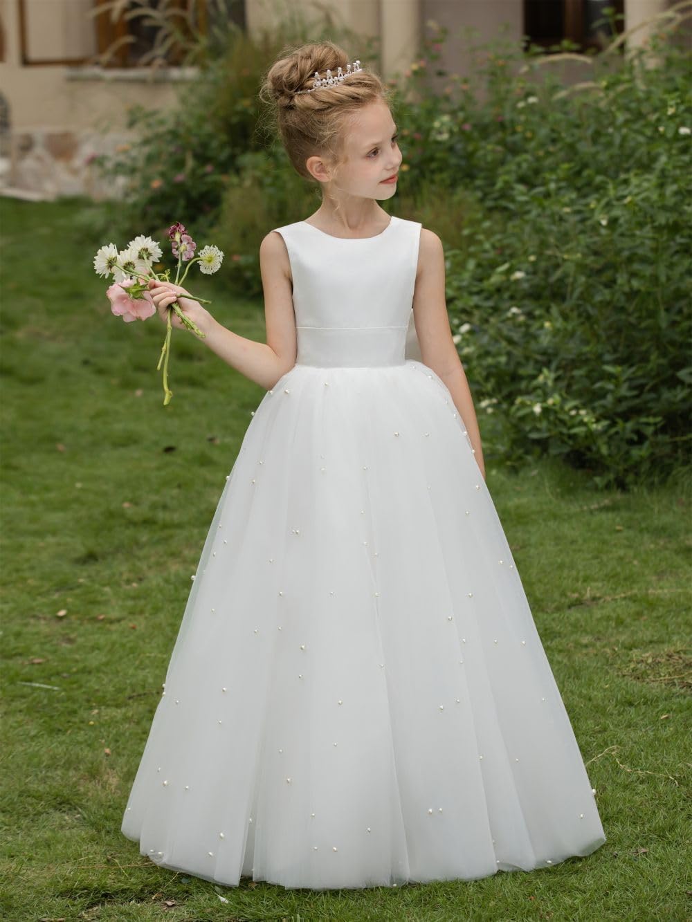 Flower Girl Dress Satin Tulle Crew Neck Girl's Elegant Pearls Wedding Party Dresses Long with Bowknot - Image 4