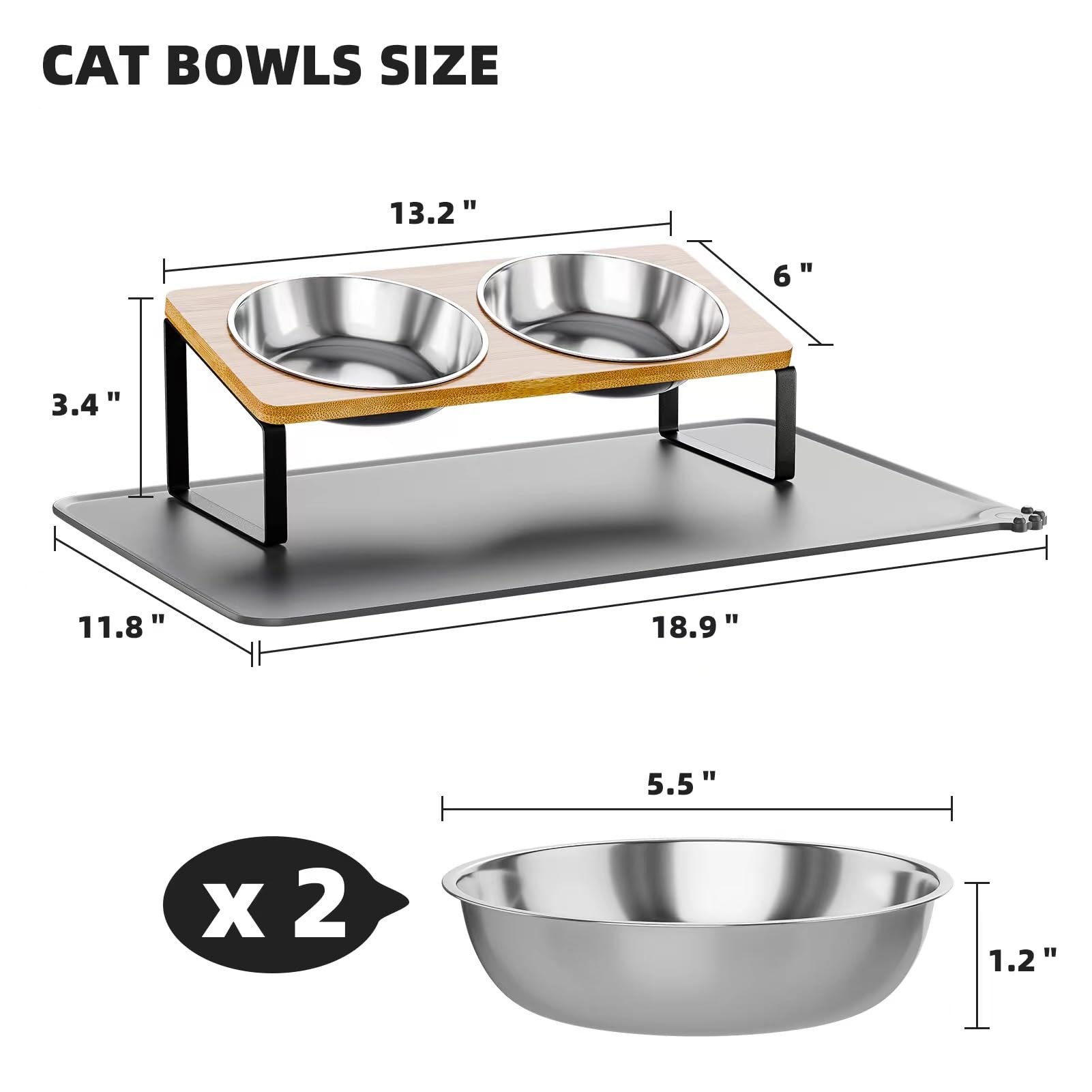 Ciotole rialzate per gatti adatte ai baffi, ciotole per cibo per gatti con tappetino in silicone, supporto inclinato a 15°, anti-vomito, per cibo e acqua, 2 ciotole in acciaio inox per gatti e