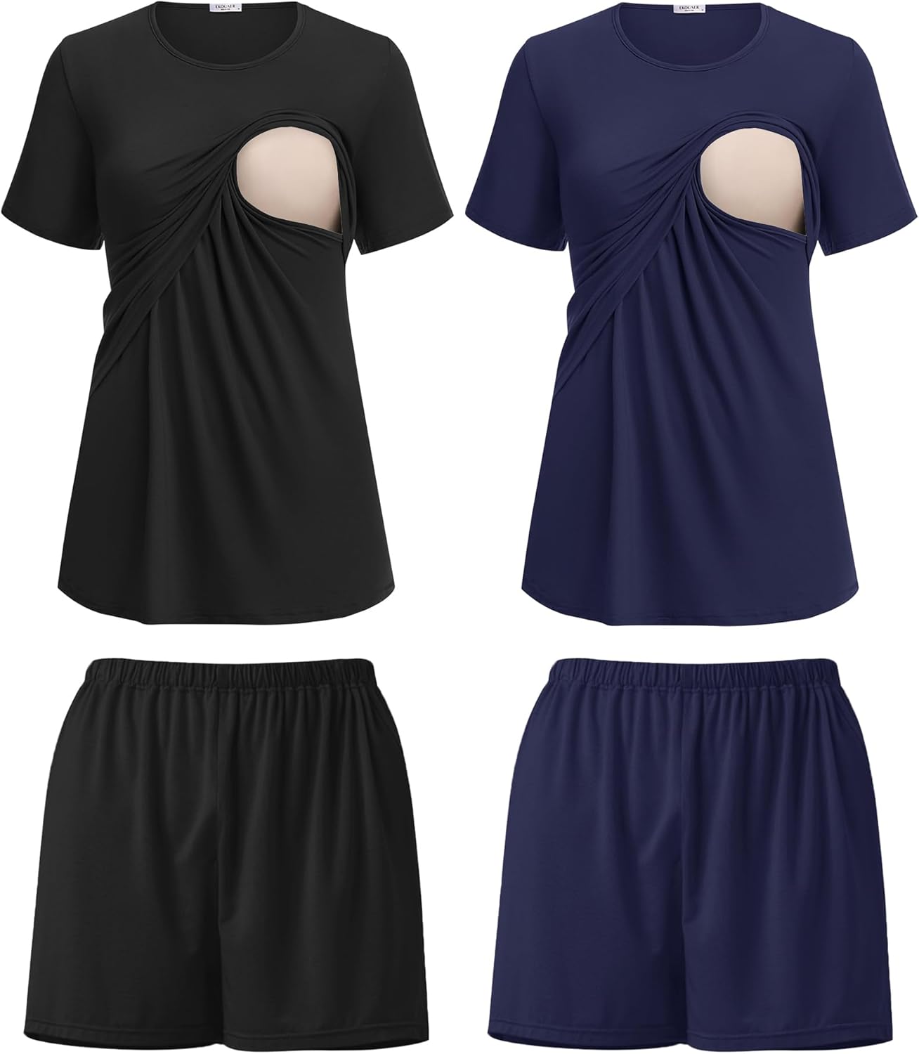 Ekouaer 2 Pack Women's Nursing Pajamas Set Double Layer Maternity Pjs Postpartum Loungewear Set Breastfeeding Tops & Shorts