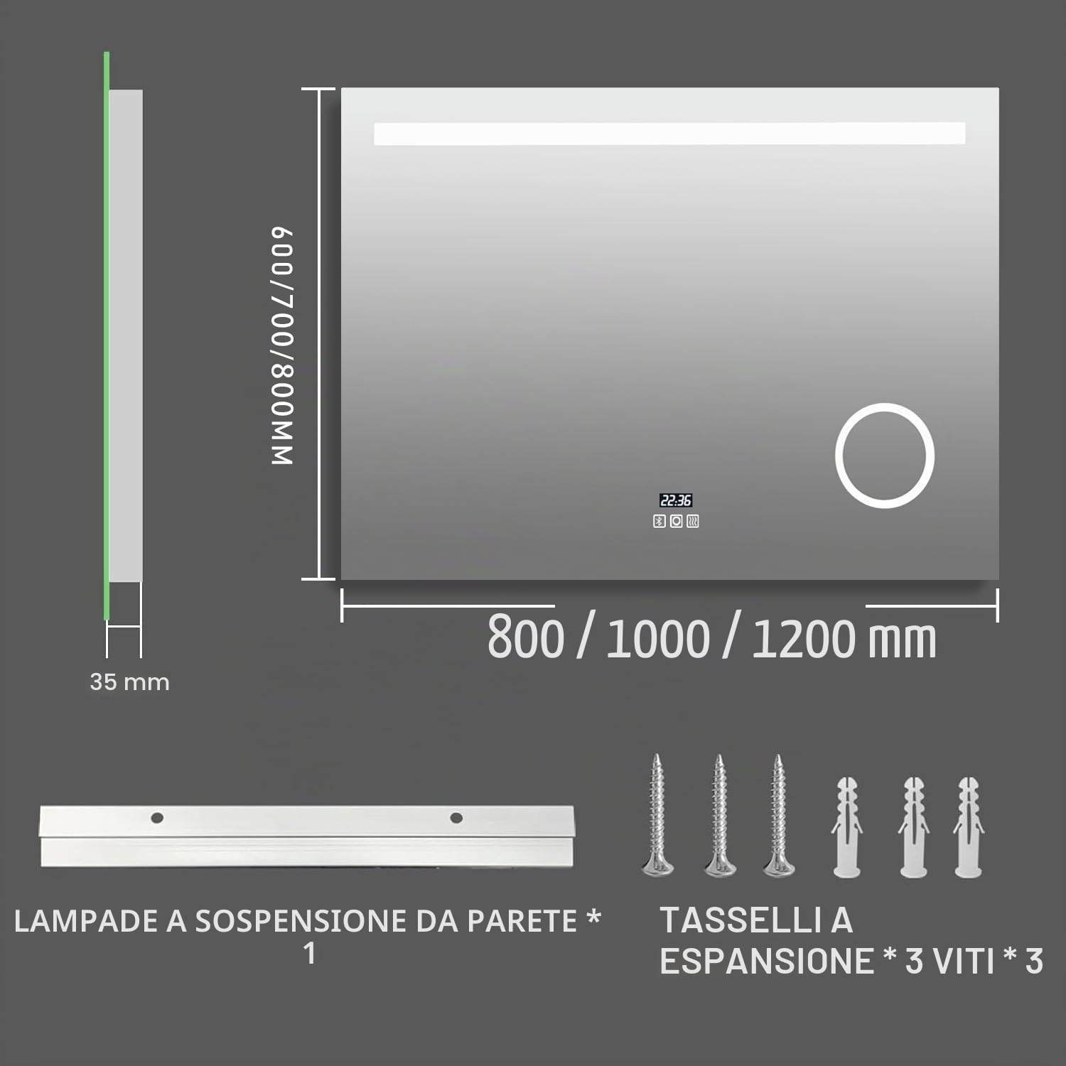 MIQU Specchio da bagno a LED con illuminazione, 100 x 70 cm, specchio 1000 x 700 mm grande con presa di corrente, orologio, Bluetooth, Touch, dimmerabile caldo/bianco senza appannamento, ingrandimento