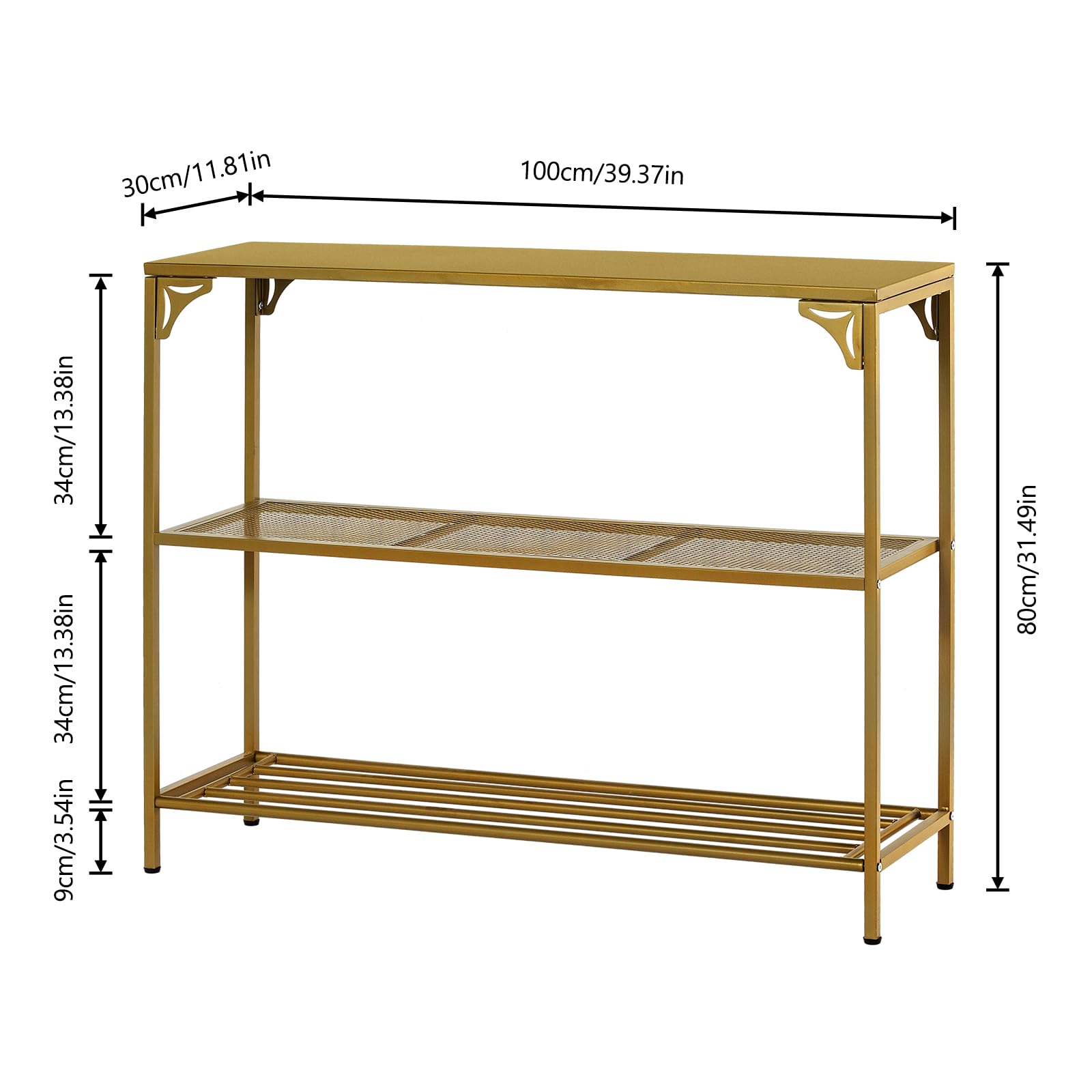 HDANI Schmaler Konsolentisch, 100 x 30 x 80 cm, Goldfarben | 2 Regale aus Netz, Metall-Beistelltisch, Für Wohnzimmer, Flur, Schlafzimmer und Büro